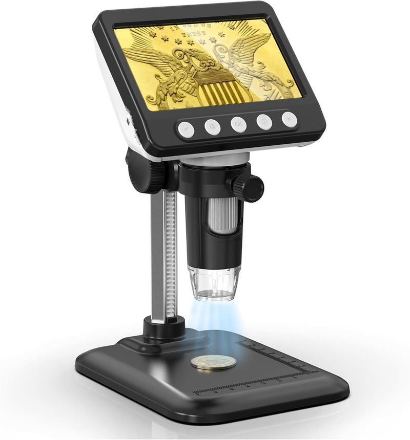 WKR ميكروسكوب العملات، 4.3" شاشة LCD ميكروسكوب رقمي USB 1000X مكبر عملات مع 8 أضواء LED قابلة للتعديل، 1080P متوافق مع عرض الكمبيوتر مع Windows/MacBook للبالغين والأطفال - Image 1